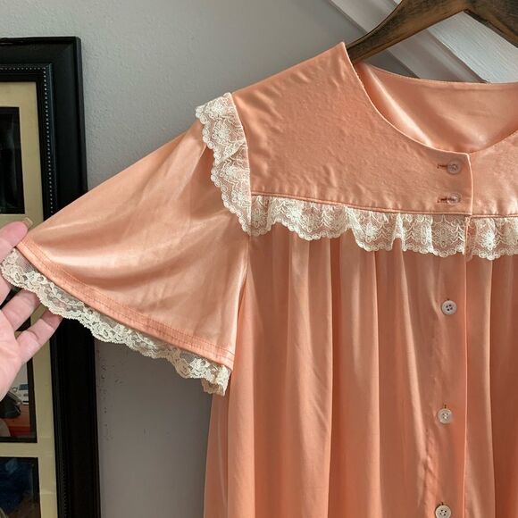 Vintage Peach Satin Button Down Nightgown M - Picture 2 of 4